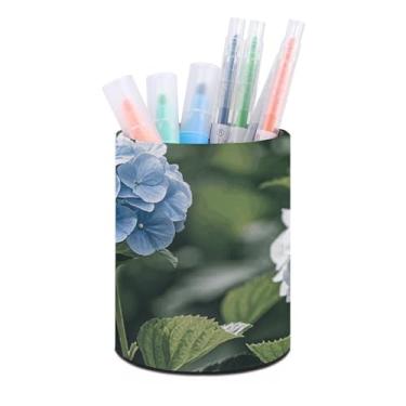 Imagem de Porta-lápis de couro Hydrangea Hibiscus Iris Bird para mesa, redondo, organizador de mesa, copo de lápis para escritório, casa e artigos de papelaria (7,9 x 10 cm)