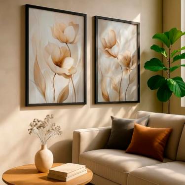 Imagem de Kit 2 Quadros Decorativos Folhas Bege Verde Minimalista Natureza Orgânico Sala Clean Com Moldura