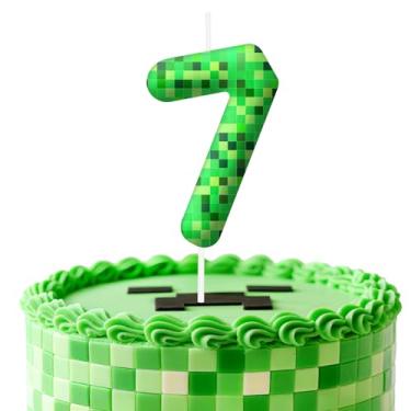 Imagem de Velas de aniversário verdes número 7, topo de bolo com tema de pixel para decoração de bolo para meninos e meninas, decorações de aniversário, suprimentos de festa, velas numéricas para decoração de