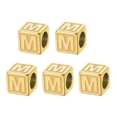 Imagem de PATIKIL Contas de letras de aço, 5 peças de pingentes quadrados grandes de letras metálicas para pulseiras, colares, bolsas, berloques, sapato, M, dourado