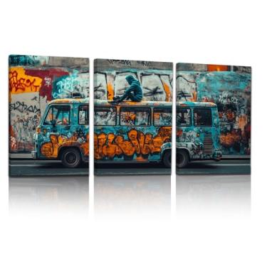 Imagem de 3 painéis de arte de parede em tela de grafite clássica arte de rua Banksy Graffiti decoração colorida pôsteres de ônibus impressões arte sala de estar decoração de casa emoldurado pronto para