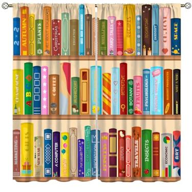 Imagem de VUMIVI Cortinas blackout de estante infantil moldura de madeira livros de leitura infantil ilustração de desenho animado tratamentos de janela para crianças meninos meninas quarto sala de estar sala