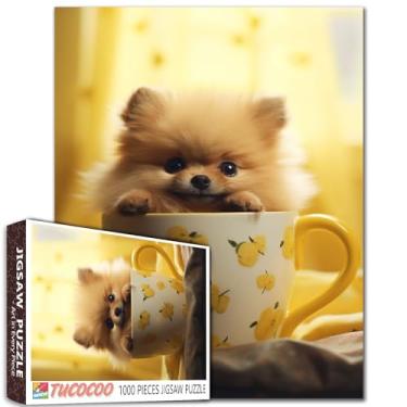 Imagem de Quebra-cabeça Pomeranian Dog in Cup 1000 peças para adultos, quebra-cabeça fofo de filhote de cachorro para jogos desafiadores de atividades em família, quebra-cabeça amarelo animal sonhador DIY para