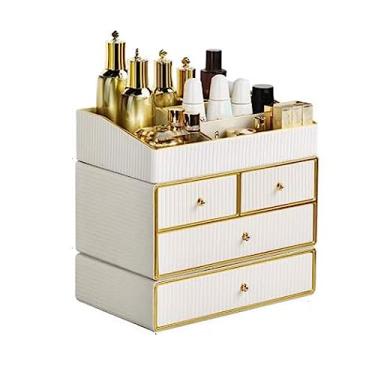 Imagem de Organizador de maquiagem, mesa de maquiagem, organizador de cosméticos com 4 gavetas e prateleira de armazenamento aberta para penteadeira, bancada de banheiro, elegante suporte de penteadeira para