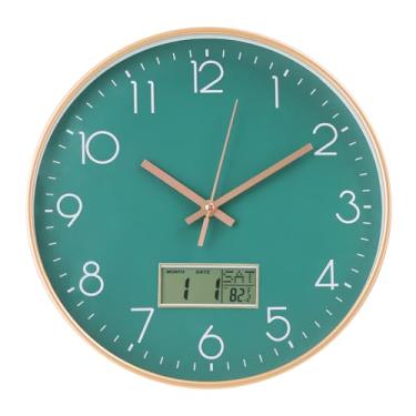 Imagem de BAKBRAND Relógio de parede com visor LCD sem tique-taque silencioso movimento de quartzo decoração relógio com calendário perpétuo e temperatura estilo moderno relógios de parede redondos para