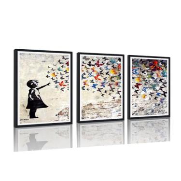 Imagem de Impressão em tela emoldurada Banksy arte de parede arte pop de rua menina e borboleta pintura colorida grafite para sala de estar quarto decoração de parede pronto para pendurar 30 x 40 cm x 3 peças