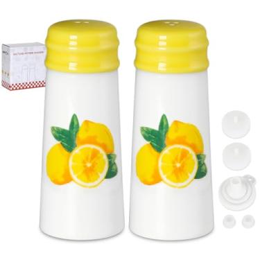 Imagem de Conjunto de saleiro e pimenteiro – Conjunto de moedor de sal e pimenta de cerâmica HAPPY KIT com tampa de silicone e funil para mesa, trailer, acampamento, caixa de presente para churrasco (limão)