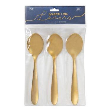 Imagem de Kit 3 Colheres de Mesa Dourado Aço Inox Restaurante Cozinha Gourmet Mi