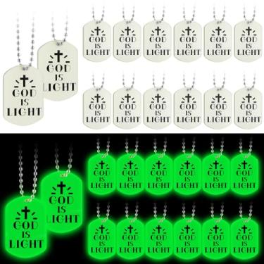 Imagem de Ecally Colar com 24 peças que brilham no escuro Deus é Luz Cruz Cristã Dog Tag Colares Fluorescentes Vbs Férias Versículo da Bíblia Material escolar para lembrancinhas de festa inspiradoras