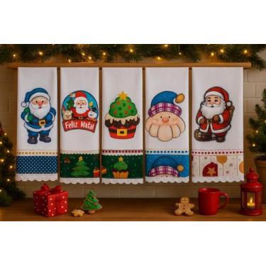 Imagem de Pano de Prato NATAL Bordado Patchwork Kit 5 unidades - Santa Margarida