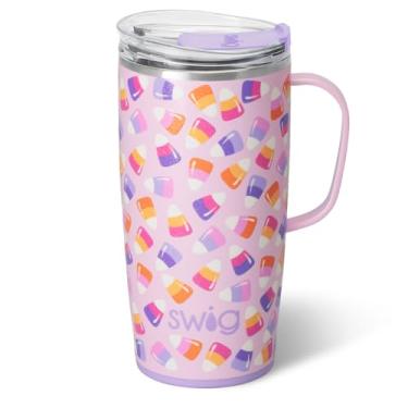 Imagem de Swig Life Caneca de viagem de 623 g, copo isolado com alça e tampa, caneca de café de viagem, compatível com porta-copos, copo de aço inoxidável de 623 g, reutilizável isolado com tampa (Candy Corn)
