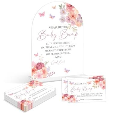 Imagem de Baby Shower Games - Baby in Bloom Measure The Baby Bump Game, 1 placa de acrílico em arco e 50 cartões de adivinhação, jogo de revelação de gênero, suprimentos de decoração floral para chá de bebê
