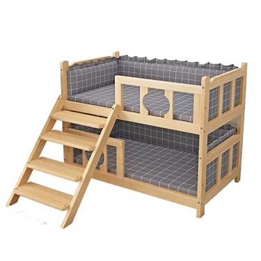 Imagem de TsoLay Cama de cachorro de camada dupla para cães Cama elevada para animais de estimação com colchão, cama de madeira para cachorro com corrimão de segurança, casa de cachorro adequada para gatos e