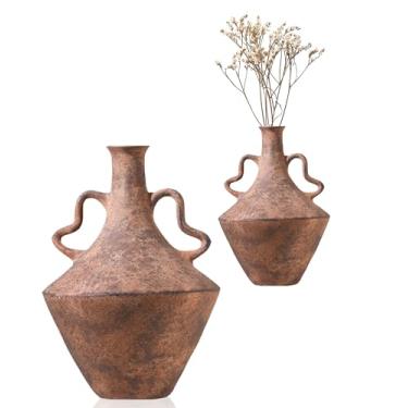 Imagem de UPWOIGH Vaso grande de cerâmica de 35,5 cm com 2 alças, pote de cerâmica rústica de terracota com acabamento preto envelhecido, decoração boho para casa, mesa, prateleira, sala de estar