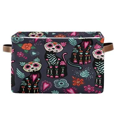Imagem de AUUXVA Cesta de armazenamento Dia dos Mortos Caveira de Açúcar para Gatos Caixa de Armazenamento de Flores Caixa de Lona Durável Dobrável Organizador de Brinquedo com Alças para Prateleira Armário Quarto, Casa e Escritório