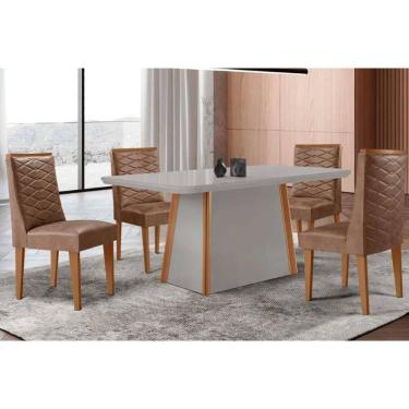 Imagem de Conjunto Sala de Jantar Tilia c/ Tampo Madeirado c/ Vidro Canto Curvo 120x80cm e 4 Cadeiras Dafne Madeira Maciça Naturale/Off White - Capuccino/Corano