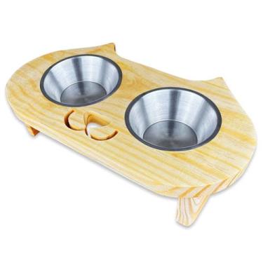 Imagem de Comedouro Pet Bebedouro Madeira Gato Elevado 2 Pote Inox - JKVERAS