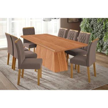 Imagem de Conjunto: Mesa Sala Jantar Helena Tampo Madeirado 210x100cm e 8 Cadeiras Juliana Cinamomo - Carvalho/Suede Joli Capuccino - Cimol