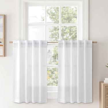 Imagem de MIULEE Cortinas de janela de cozinha pequenas texturizadas de linho sobre a pia, cortina semitransparente para cafeteria de fazenda, 91 cm, longa, curta, aba traseira, meia janela, cortinas para porão