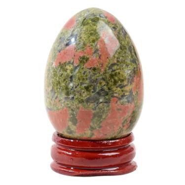Imagem de Casaper Ovo Unakite natural de 5 cm com suporte de madeira para decoração de casa, estatuetas de Fengshui com esfera de palmeira de cristal polido Reiki curativo