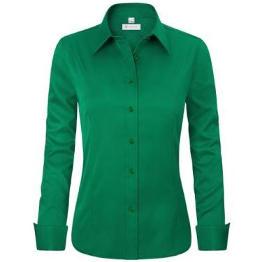 Imagem de Camisa feminina de siliteelon com botões, sem rugas, verde XXL