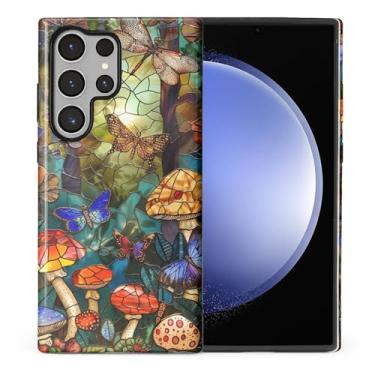 Imagem de CARLOCA Compatível com Samsung Galaxy S24 Ultra Full Body Protective Glossy Case para meninas meninos à prova de choque moda estética padrão vitral cogumelos borboleta libélula