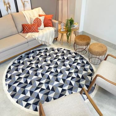 Imagem de Tapete Redondo Moderno 100 x100cm, para Sala, Cozinha, Quarto Elegante Antiderrapante (Azul Geométrico)