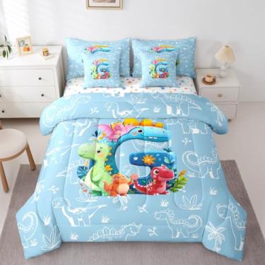Imagem de Erosebridal Conjunto de edredom solteiro de dinossauro da selva com 7 peças de desenho animado com letra G em uma bolsa, dinossauro 3D, para crianças e adultos, conjunto de cama de dinossauro