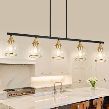 Imagem de Luminária de ilha para cozinha, lustres pendentes lineares de ilha de cozinha preto e dourado, luminária de sala de jantar preta e dourada sobre a mesa com persianas de vidro redondas transparentes