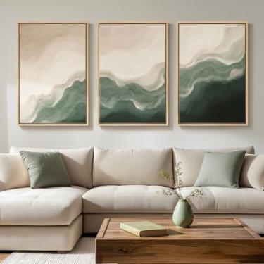 Imagem de Conjunto de 3 arte de parede abstrata verde e bege emoldurado grande, impressões em tela neutra modernas, pinturas para paredes, imagens abstratas minimalistas para sala de estar, sala de jantar