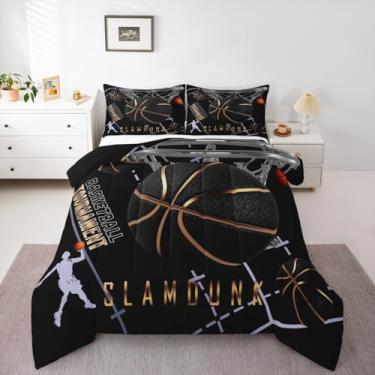 Imagem de Erosebridal Jogo de cama solteiro com edredom de quadra de basquete, para decoração de quarto de adolescentes e homens, esportista, slam dunk e jogos, preto dourado