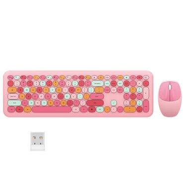 Imagem de Combo de teclado e mouse sem fio de tamanho completo, teclado de membrana silencioso fino e leve, lindas cores doces, sem fio USB de 2,4 G, compatível com notebook, PC (rosa)