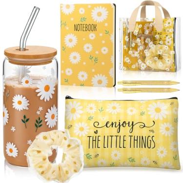 Imagem de Potchen Conjunto de 7 peças de presentes de margarida para mulheres, presente de aniversário para ela, margarida fofa, copo de vidro de 473 ml, com bolsa de cosméticos de palha, caneta, laço de cabelo
