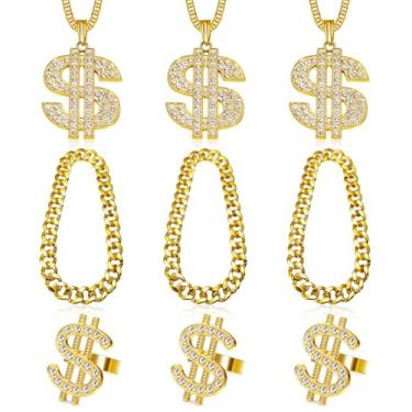 Imagem de LOAYHOAY 9 peças colar com pingente de símbolo de dólar rapper plástico grosso falso corrente de ouro anel de sinal de dólar para homens e mulheres kit de fantasia hip hop, Dourado, M