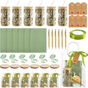 Imagem de 6 conjuntos de prêmios de chá de panela para vencedores de jogos, presentes de lembrancinha de chá de panela, incluindo copos de vidro, escovas de cabelo, cadernos, canetas de metal, porta-copos de