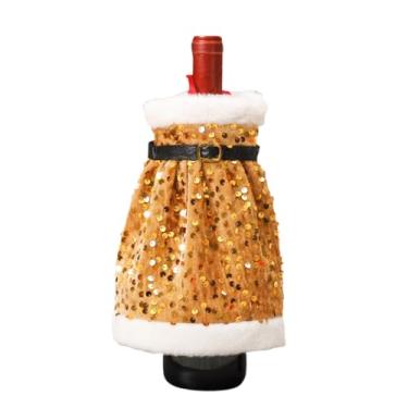 Imagem de Capa de garrafa de vinho de Natal, cobertura de garrafa de vinho de lantejoulas douradas de Natal, vestido de casaco de Papai Noel, decorações de champanhe, acessórios de mesa de festa de ano novo