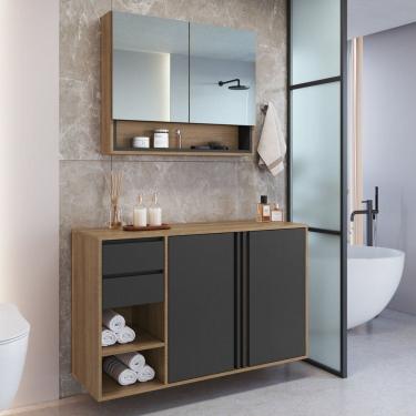 Imagem de Gabinete de Banheiro 110cm com Espelheira 2 Portas sem Cuba Antônia Mel/Grafite