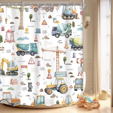 Imagem de Riyidecor Cortina de chuveiro escavadeira 152 cm L x 182 cm A engraçada, divertida, trator de desenho animado, caminhões, veículo de construção para meninos, berçário, crianças, decoração de banheiro