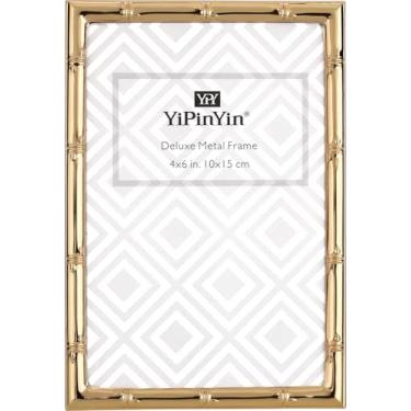 Imagem de YiPinYin Porta-retrato elegante de 10 x 15 cm com detalhes de bambu, elegantes molduras de casamento banhadas a ouro escuro 15 x 10 cm com forro de veludo de toque macio para decoração de mesa e