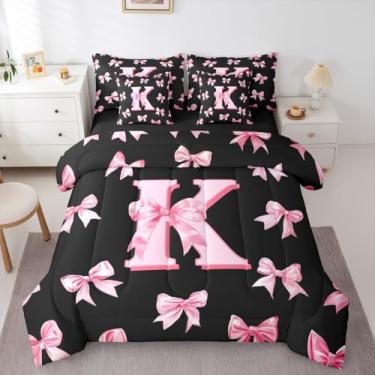 Imagem de Erosebridal Conjunto de cama solteiro de 7 peças com laço rosa, personalizado, letra K, lençol em uma bolsa, fofo, com laço coquete, para meninas, crianças, adolescentes, estilo princesa, rosa