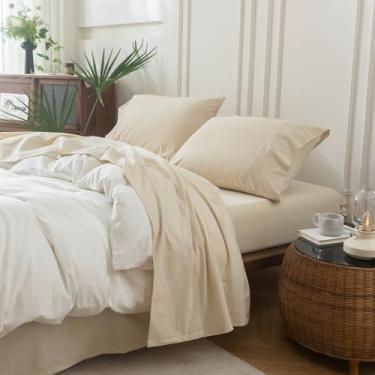 Imagem de BDEAR Jogo de cama Queen cinza leite amêndoa 4PS, Oeko-TEX padrão, 100% algodão lavado, lençol com elástico alto, lençol de cima aconchegante e 2 fronhas