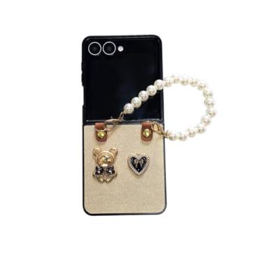 Imagem de GO-VOLMON Capa fofa de desenho animado para Samsung Galaxy Z Flip 7 com alça de pérola, capa feminina moderna de metal com urso brilhante e coração de amor, capa feminina para Z Flip 7 - ouro