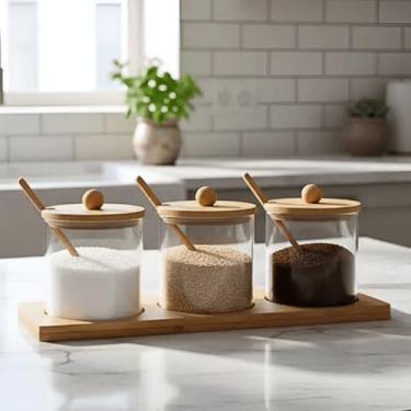 Imagem de Porta Condimentos 3 Potes com Colher Base Vidro Borossilicato Bambu Tempero