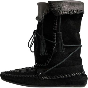 Imagem de Bota feminina de camurça, cano baixo, dobrável, com borlas chicoteadas, botas ocidentais, cano médio, botas curtas para mulheres, Preto, 38