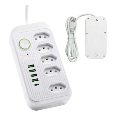 Imagem de Extensão Filtro de Linha 5 Tomadas Bivolt com 4 USB + 1 USB Tipo-C, 2500W, 10A, Régua de Energia Premium (Branco)