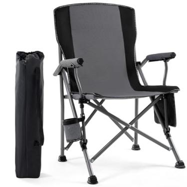 Imagem de Cadeira de acampamento dobrável ao ar livre, cadeira alta leve e portátil, suporte resistente de 150 kg, cadeira de grama acolchoada com encosto de braço e bolsa de transporte portátil, cinza..