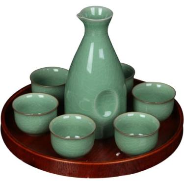 Imagem de JOEUQK Conjunto de saquê japonês de 8 peças com bandeja, conjunto de copos de saquê tradicionais, porcelana, cerâmica, artesanato, taças de vinho, 6 peças, 1 pote de saquê e bandeja