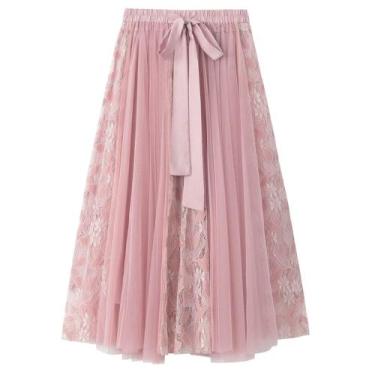 Imagem de Saia midi, elástico, elástico, cintura alta, bordado floral - Qoinied