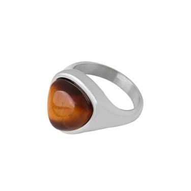 Imagem de LadayPoa Anéis de olho de tigre banhados a ouro 18 K para mulheres, não mancha, pedra marrom, natural, aço inoxidável, triângulo, pedra preciosa, boho, joia, presente de BFF, Aço inoxidável, Olho de