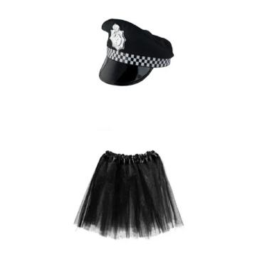 Imagem de Fantasia de Policial Feminina C/ Quepe Preto e Branco e Saia 35 Cm Preto